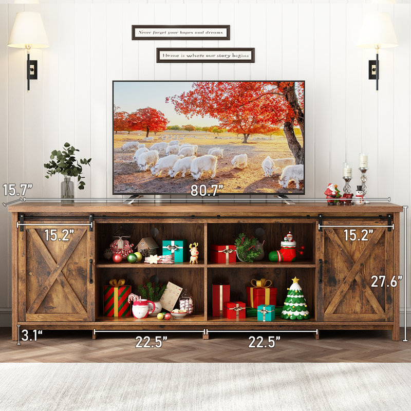 80" Farmhouse Sliding Barn Door TV Stand for TVs Up to 85" TVs, Entertainment Center Console Table with Adjustable Shevles