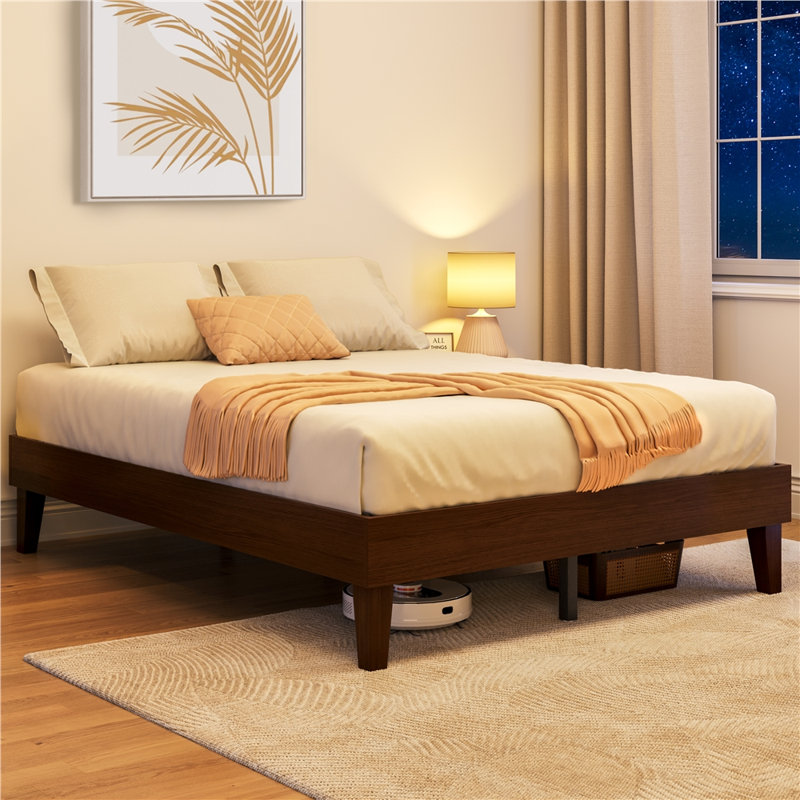 Arquimides Bed Frame with Wood Slat Support, Queen, Smoked Walnut