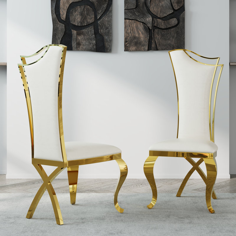 78 Inch White And Gold Dining Table Set With 4 White Leather Dining Chairs, 5 Pieces: Table, 4 Chairs, Gold