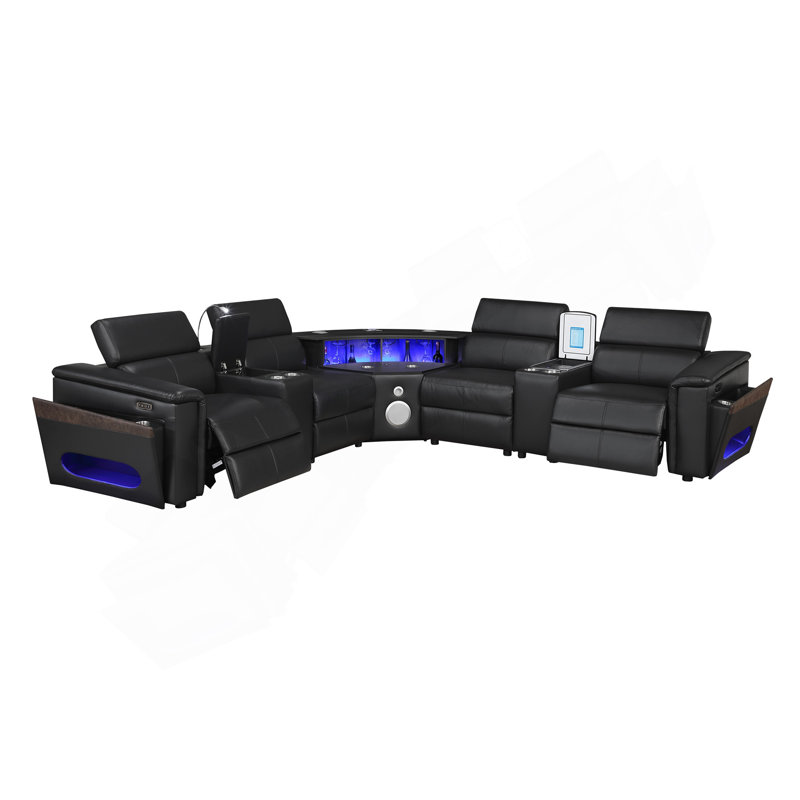 Canapé modulaire Nova avec 2 consoles (lampe de lecture + réfrigérateur), coin avec haut-parleur Bluetooth, DEL et armoire à vin relevable - noir