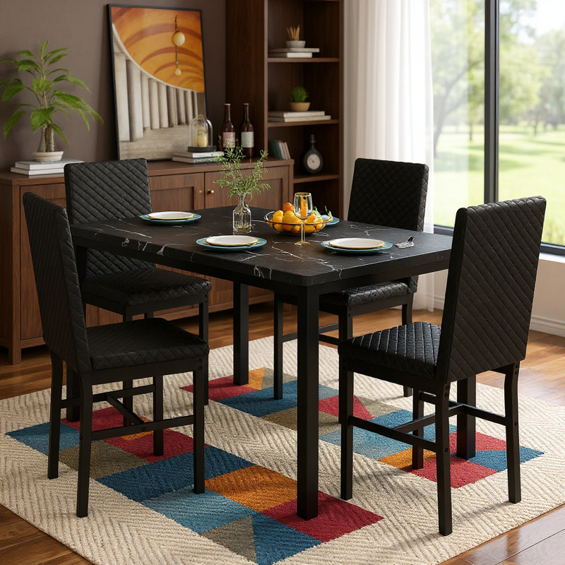 Ensemble de table de salle à manger 5 pièces en faux marbre avec 4 chaises, Noir, Noir