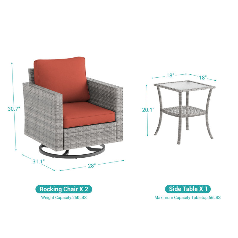 Gershwin 2 - Person Swivel Rocking Chair Outdoor Seating Group with Cushions, Gray, Brick Red