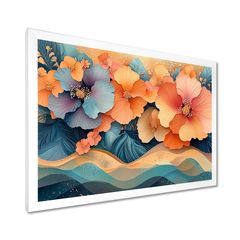 Hibisuc tropical dans une symphonie côtière I - Hibiscus, art mural, H 12 po x l 20 po, Floater Framed, Blanc