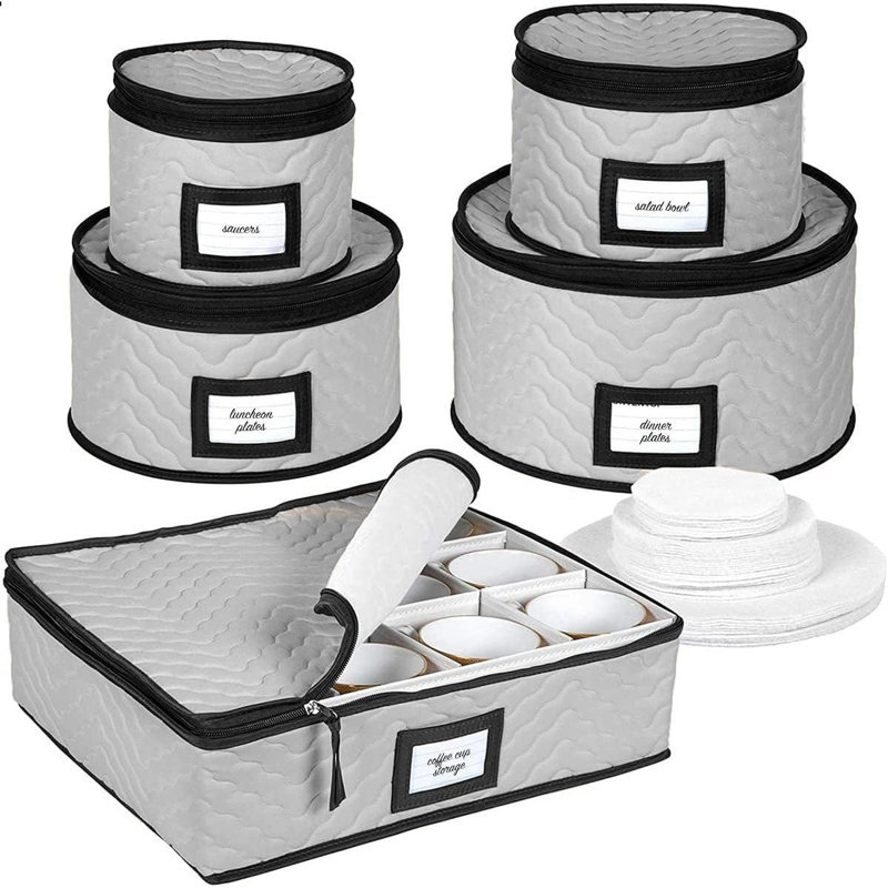 Ensemble de 5 boîtes de rangement en porcelaine avec séparateurs pour vaisselle China, Gris