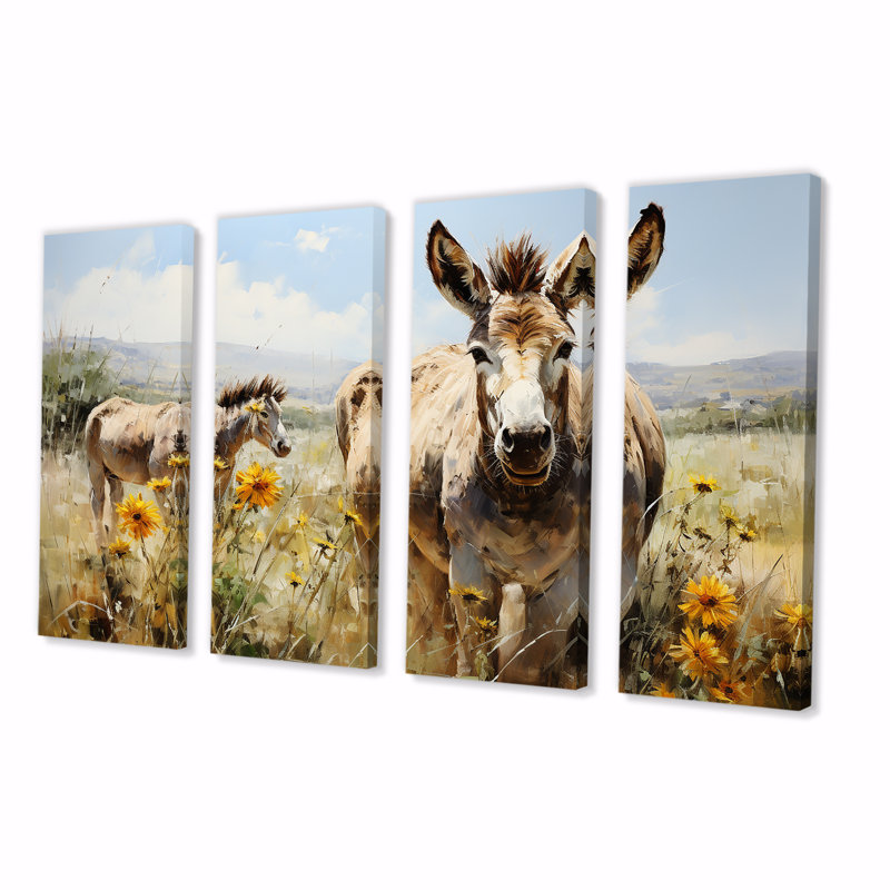 «Donkey Flower Meadow Landscape I - Donkey», ensemble de 4 décorations murales, H 28 po x l 48 po