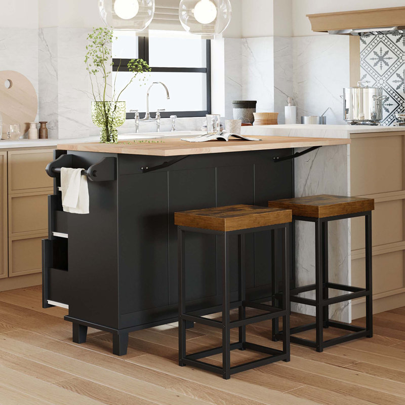 Kitchen Island Set with Drop Leaf and 2 Seatings, Dining Table Set with Storage