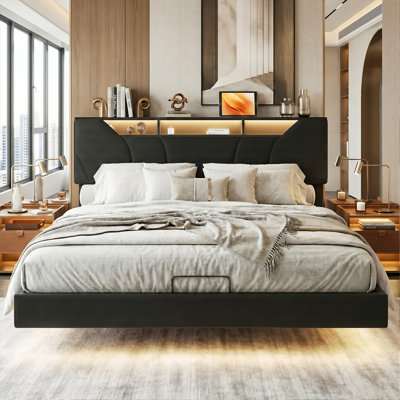 Floating Hydraulic PU Upholstered Ottoman Bed With LED & Charging Station (USB/Type-C), 140X200cm Double / 160X200cm King, Black Faux Leather Smart Storage