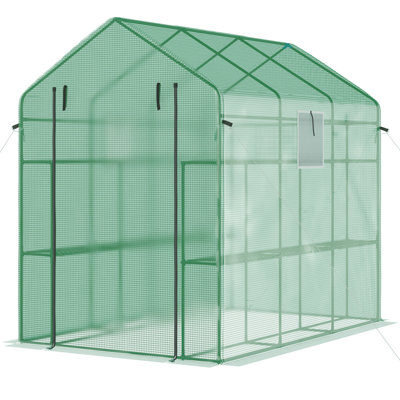 Walk-in serre 7 pi x 5 pi x 6 pi, conception bloquante, porte et fenêtres en filet, tablettes pour fleurs, herbes, légumes et croissance 7 pi x 5 pi x 6 po, serre protégée, treillis, 18 plantes