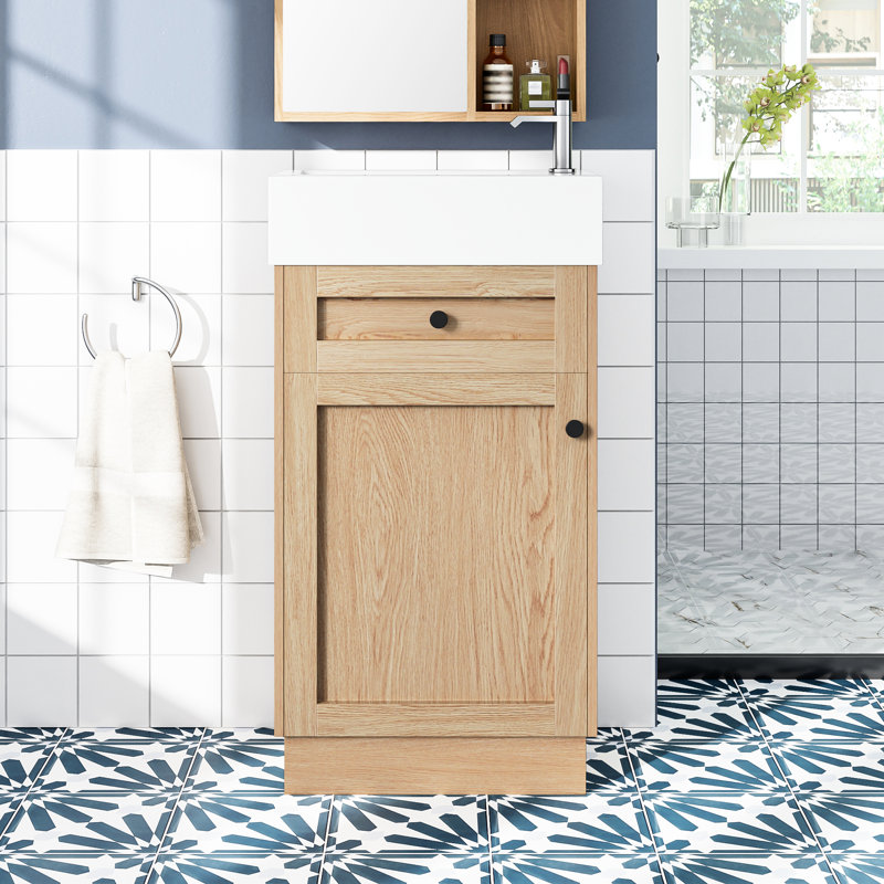 18.5" Bathroom Vanity Of Rustic Style With Reversible Resin Basin, Cabinet Build, Adjustable Inner Shelf For Customized Storage, Elegant Zinc Alloy Handles, Wood Grain Surface, Soft-Close Design