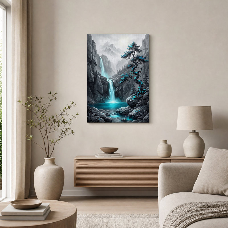 «Cyan Pine Tree Beside Waterfall In Misty Canyon», art mural sur toile, H 48 po x l 36 po