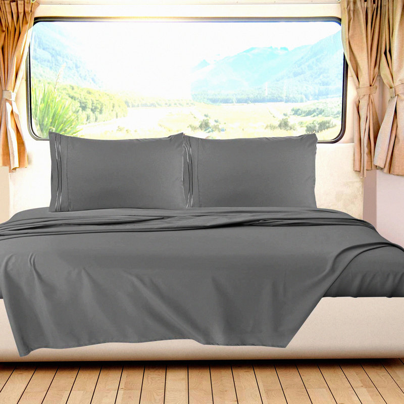 PlushRV Microfiber Bedding Set - Grey Queen Sheets for RV Camper - Soft Fitted Sheets & Pillowcases - Double Brushed 1800 Thread Count RV Bedding