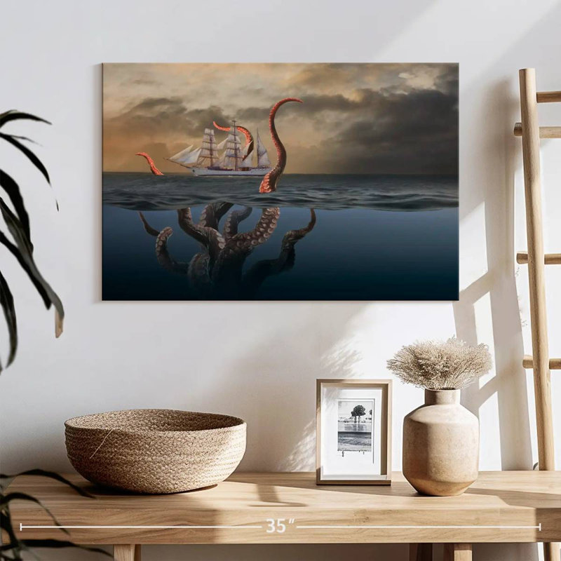 Octopus géant Kelan attaquant un navire, H 16 po x l 24 po