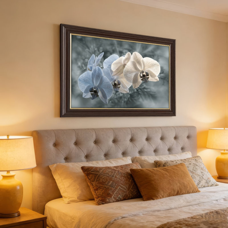 Art mural antique sur toile encadré doré pour le salon, la chambre à coucher, le bureau ou le vestibule - Décoration murale décorative avec orchidée