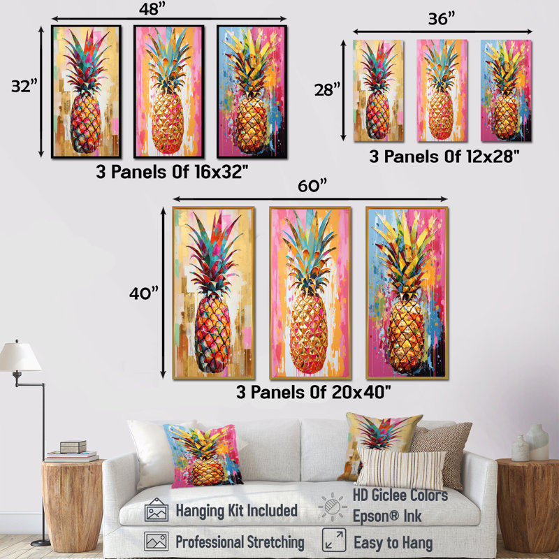 «Golden Geometric Pineapple Fruit», ensemble d'art mural sur toile 4 fruits, H 28 po x l 36 po, Cadre flottant blanc