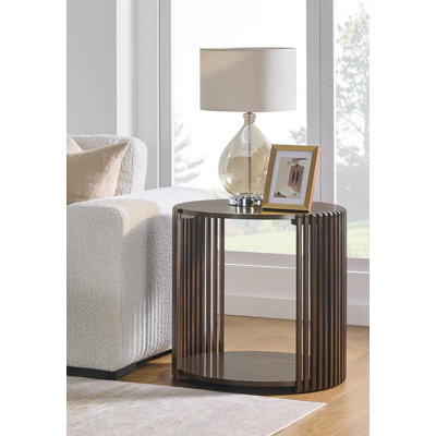 Estie Round Wood Slatted End Table With Open Shelf