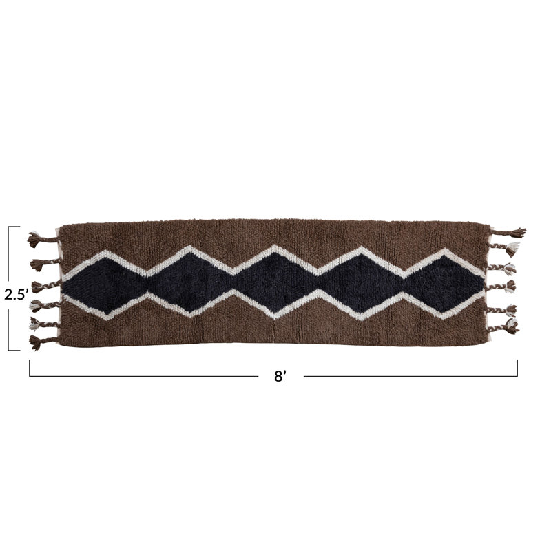 Cotton And Wool Blend Rug With Pattern And Braided Tassels, Runner 2'6" x 8'