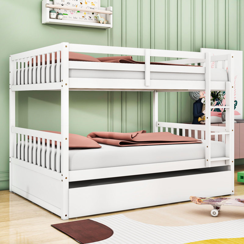 Full Over Full Wood Bunk Bed With Twin Trundle, Ladder And Guardrails, White