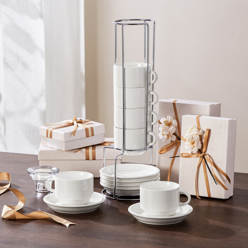 Ensemble de 6 tasses et soucoupes empilables en céramique blanche avec présentoir argenté | Ensemble de service complet pour 6 tasses à café au lait 9 oz
