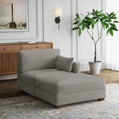 Bentura Oversized Upholstered Light Gray Corduroy Modular Chaise Lounge with Armrests & Throw Pillows