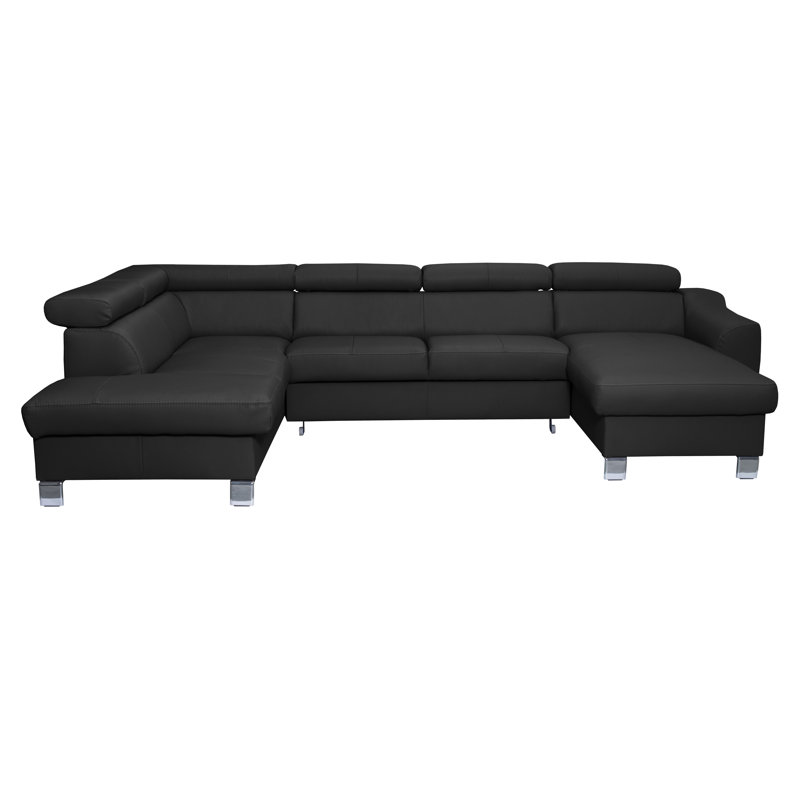 Raedynn Faux Leather Large Corner Sofa with Sleeping Function and Storage Box with Adjustable Headrests , Black