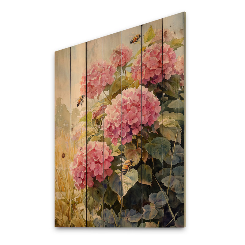 Hortensias dans le champ de trèfles I - Art mural en bois d'hortensias - sur bois de pin naturel