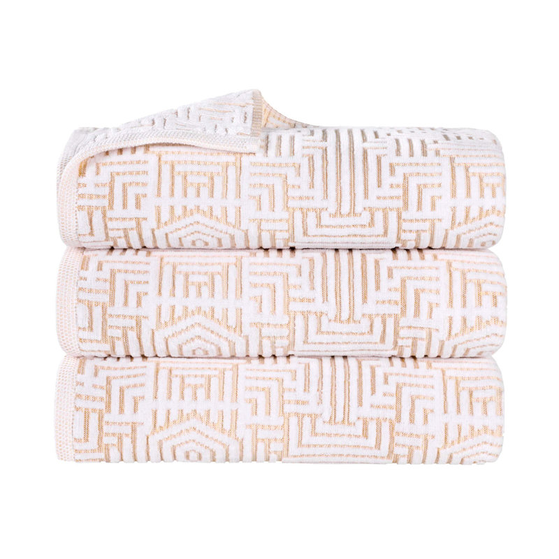 Serviette de bain en coton à motif géométrique en jacquard moelleux et très absorbant (ensemble de 3), Or