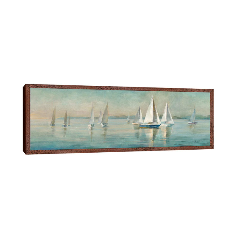 Sailboats At Sunrise by Danhui Nai - Panoramic Painting on Canvas, Classic Wood Framed Canvas, 121.92 cm H x 40.64 cm W