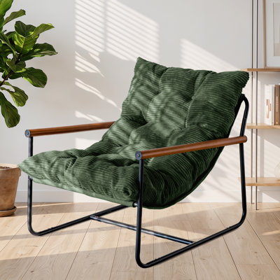 Modern Accent Chair, Comfy Living Room Chair with Metal Frame Wooden Armrest, Upholstered Armchair with Soft Cushion