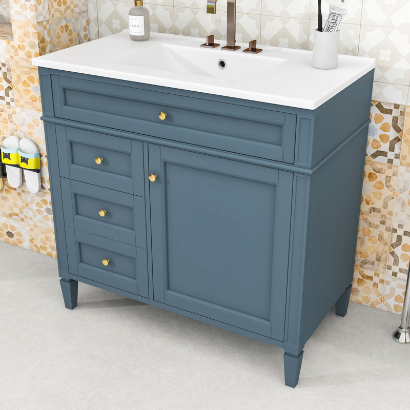 Ensemble de meuble-lavabo simple autoportant avec lavabo en céramique et tiroirs de rangement Eliga, Blue