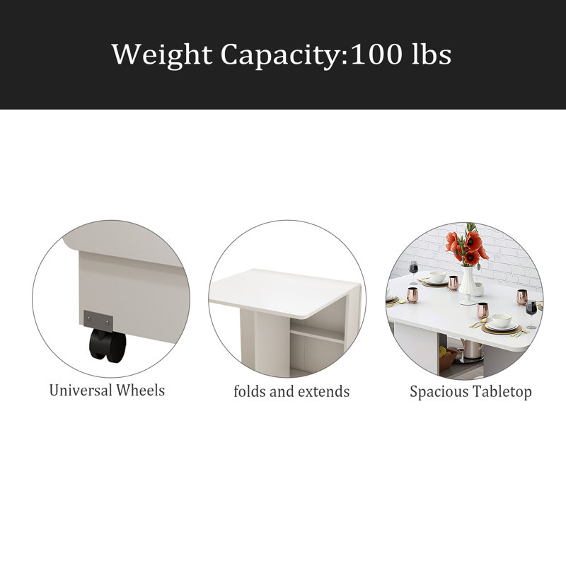 Folding Drop Leaf Dining Table With 6 Wheels And 2-Layer Storage Shelf, Space Saving Table For Small Spaces, 47.2 Inch D X 23.6 Inch W X 30.3 Inch H