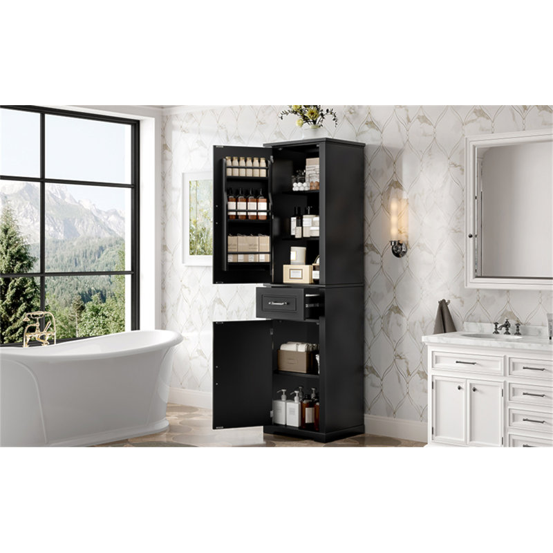 Grande armoire de rangement pour salle de bain, armoire de rangement autoportante avec deux portes de taille différente et tablette réglable, conception à étagère de porte, panneau de fibres à densité moyenne avec finition peinte, noir