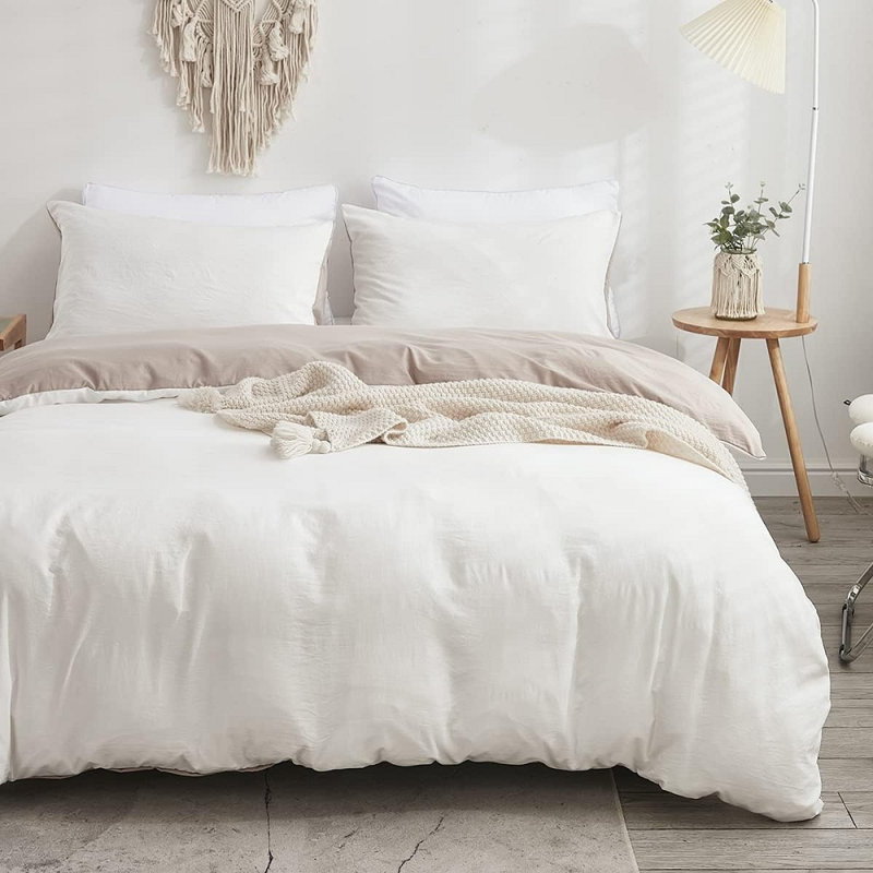 Housse de couette réversible en lin blanc uni kaki, Housse de couette pour très grand lit + 2 taies d