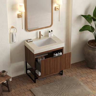 Meuble-lavabo de salle de bain YOLAN de 30 po, armoire de rangement autoportante en contreplaqué rayé avec tiroir et tablette ouverte, comptoir en pierre frittée Roma Travertine et lavabo encastré en céramique, pré-assemblé