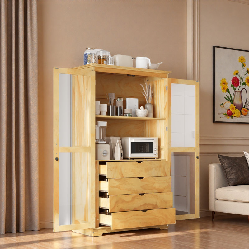 Spacieux garde-manger en bois de pin de 44,7 x 20 x 75 pouces avec portes en verre et 4 tiroirs pour un rangement polyvalent