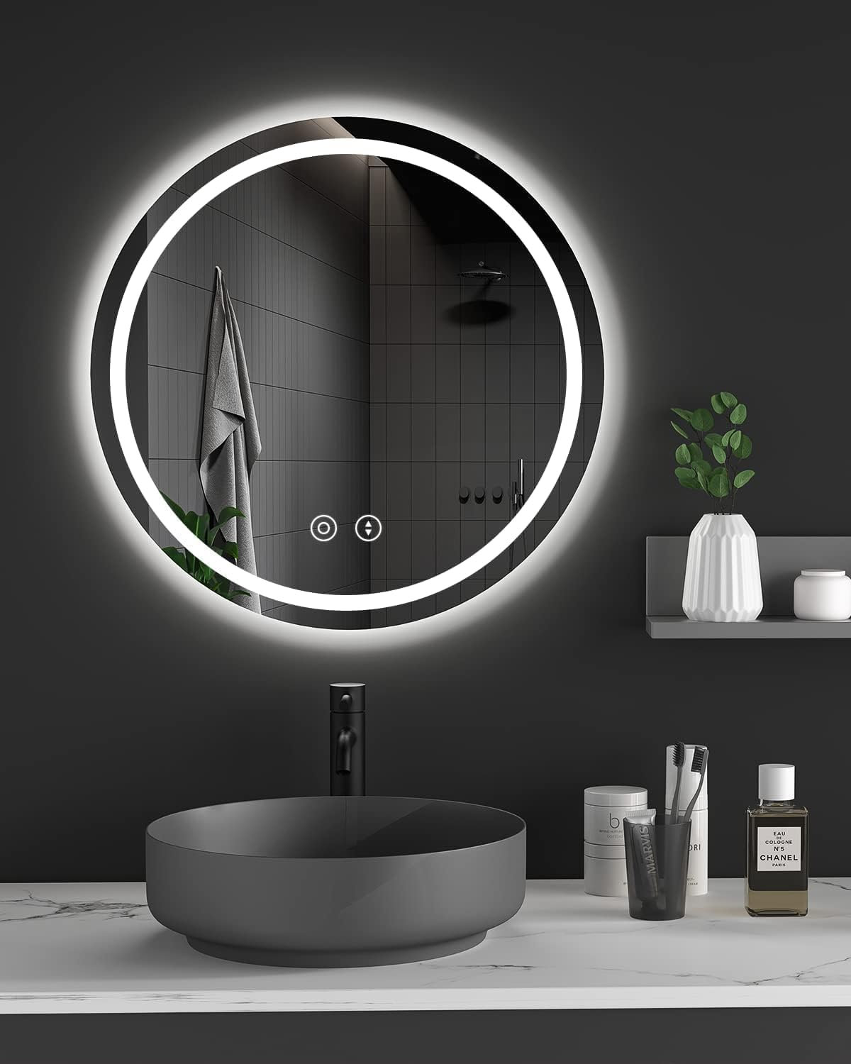 Dripex 600mm Round Bathroom Mirror with LED Light, Illuminated Circle ...