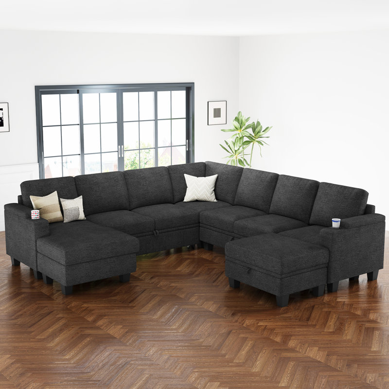 Januelle Bujesily Chenille U Shaped Couch Large Pull Out Sleeper With Chaise Sectional Sofa Modular Couch With Storage Ottoman Storage Seat