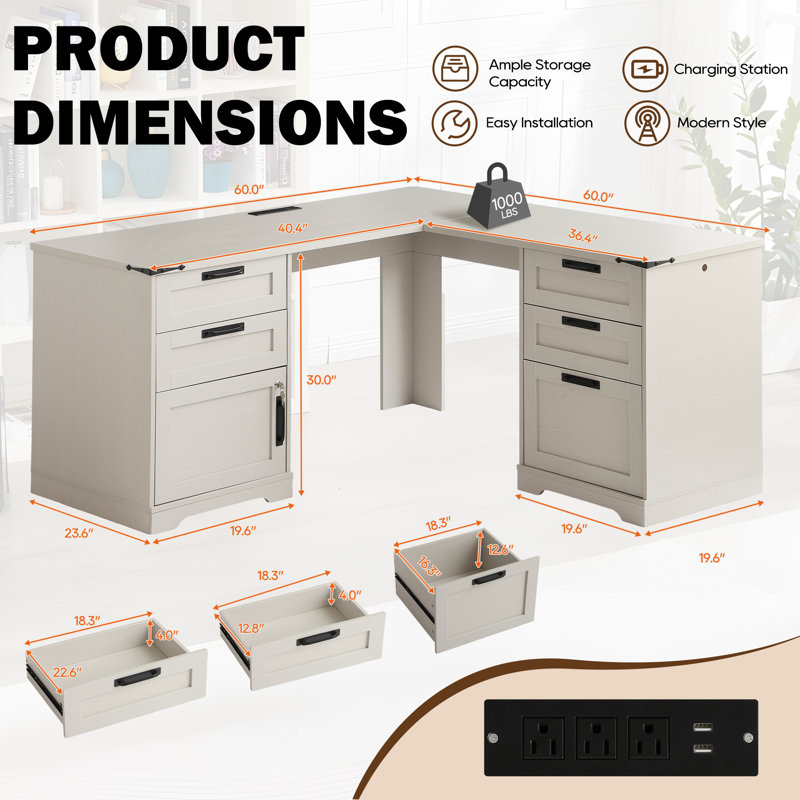 Bureau de direction en L avec tiroirs, bureaux à domicile avec station de charge, tiroir classeur, armoire de rangement réglable verrouillable, grande table d'ordinateur d'angle pour le travail et les études