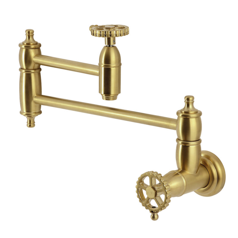 Brushed Brass Dual Handle Wall Mount Pot Filler Faucet