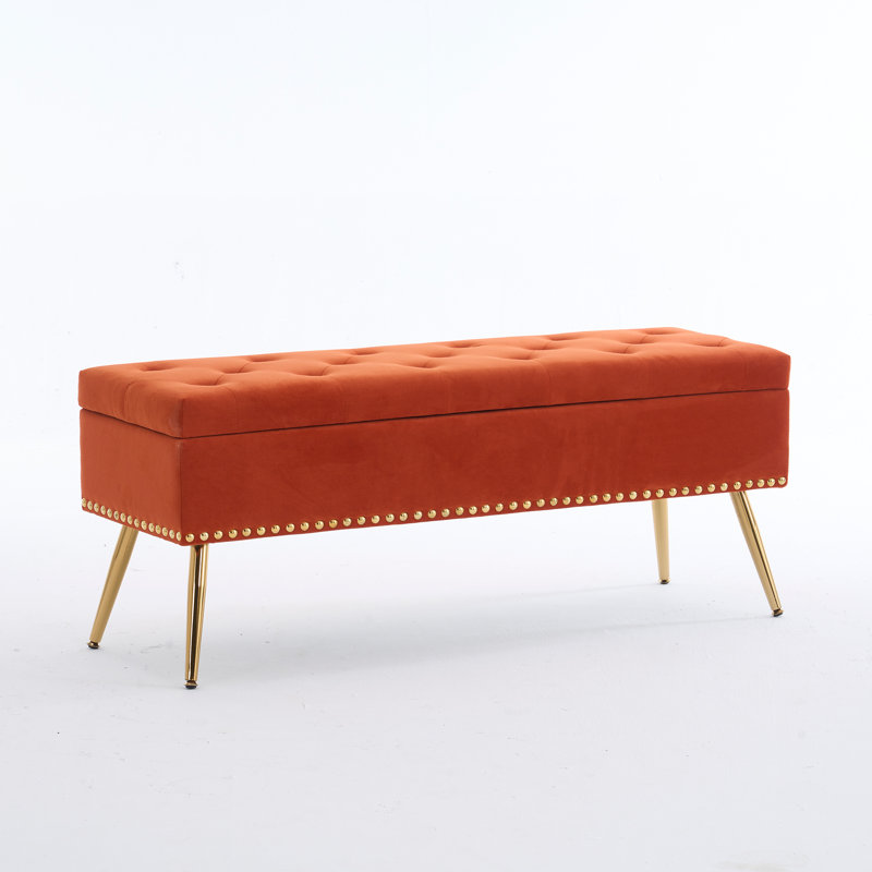 Banc repose-pieds en velours avec rangement, Orange, H 18 po x l 46 po x P 15,5 po