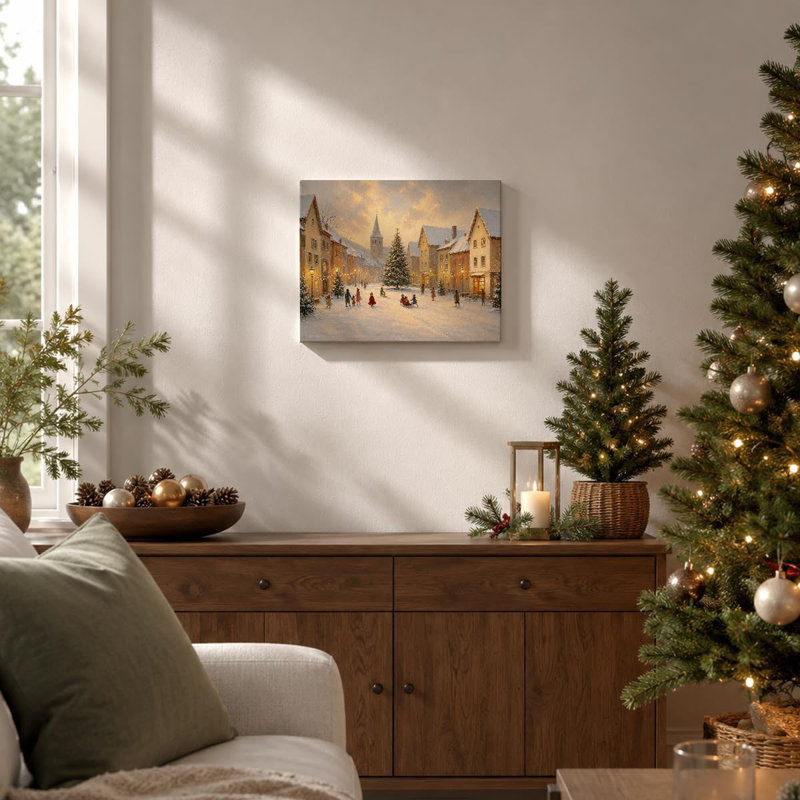 Christmas Village Farmhouse Wall Art Winter Street Canvas Print Framed Snowy European Village Street with Warm Lights, Holiday Decor for Living Room Entryway Office Bedroom 8 x 10 Inch