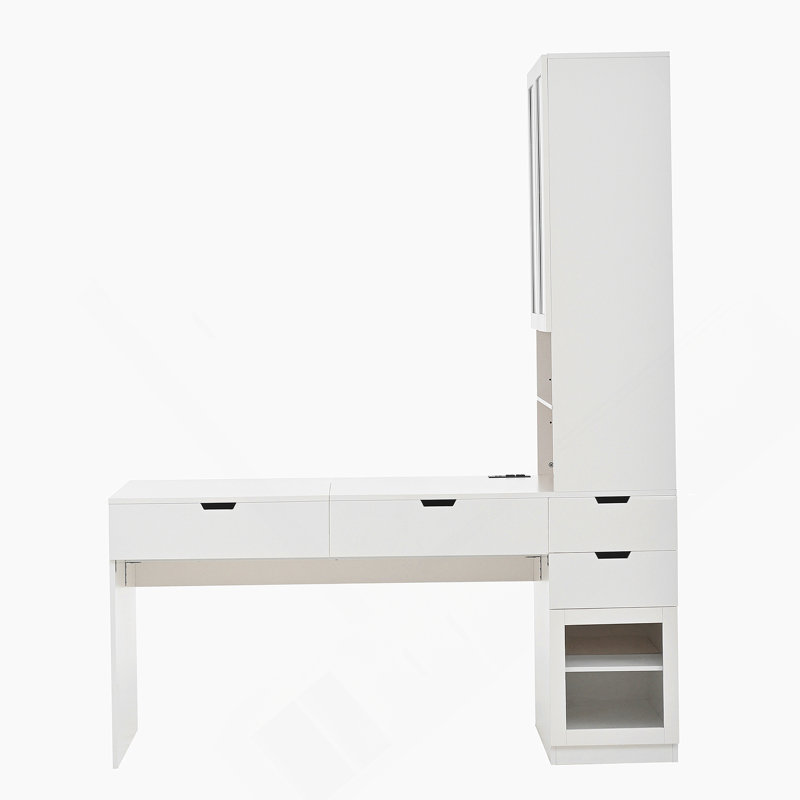 Meuble-lavabo polyvalent avec miroir et station de charge, coiffeuse avec 8 compartiments de rangement cachés, bureau d'ordinateur à 3 tiroirs, 2 armoires et tablettes ouvertes, bureau personnel, blanc