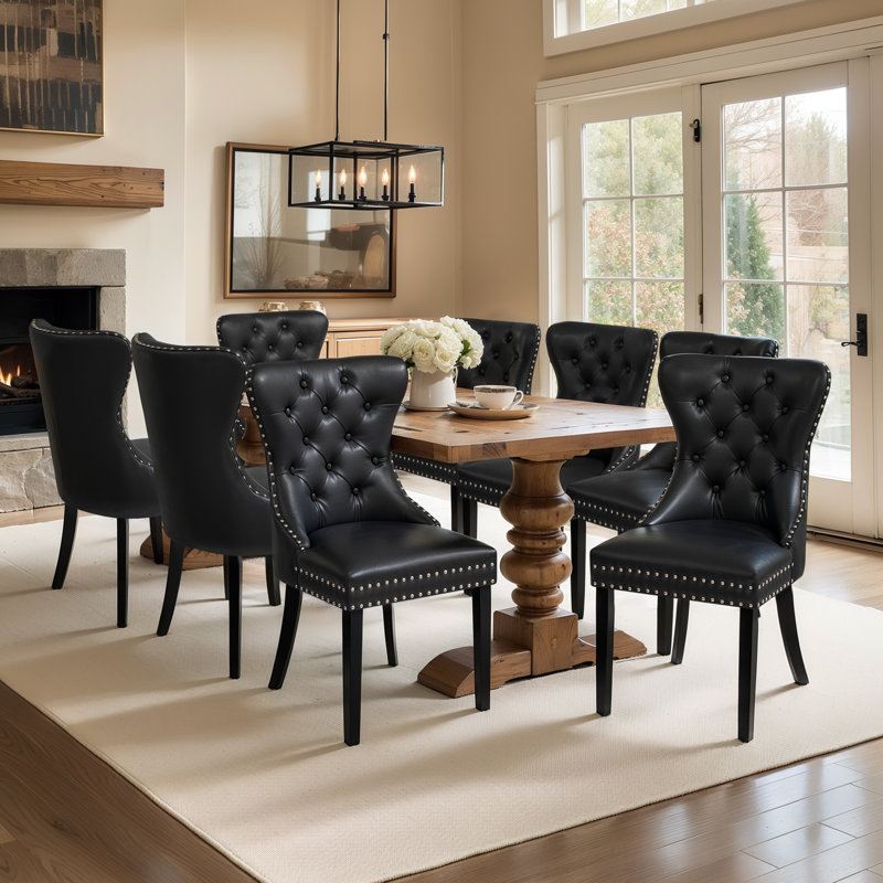 Tufted Leather Upholstered Wing Back Parsons Chair (Set Of 8), 8, Black/Black