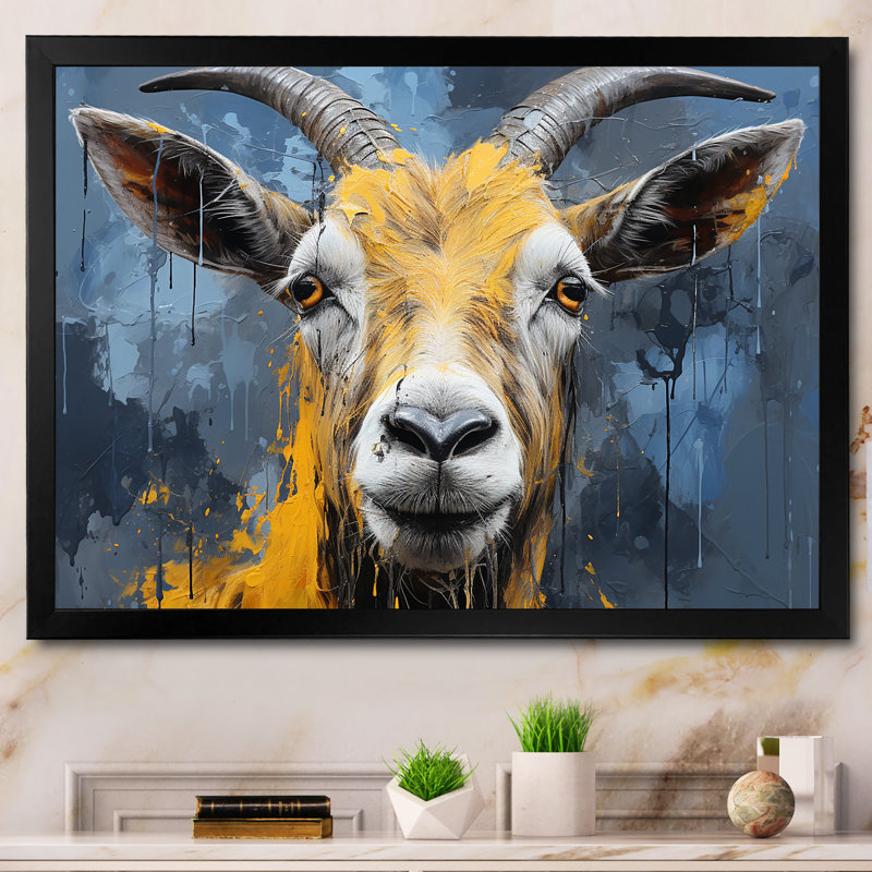 Chèvre jaune et bleu, prairie, portrait, art mural, Cadre d'angle fermé noir, H 30 po x l 40 po x P 1,5 po