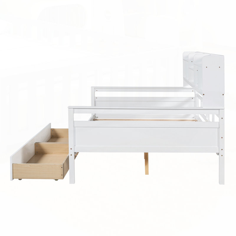 Lit de jour polyvalent avec tablettes et tiroirs pour une fonctionnalité accrue, Complet/Double, Blanc