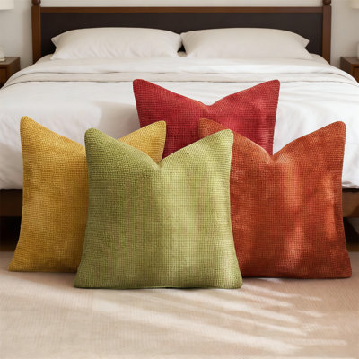 Set Of 4 16X16 Inch Burnt Orange Yellow Green Chenille Throw Pillow Covers, Farmhouse Boho Accent