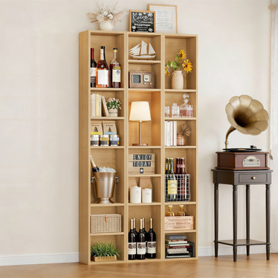 8-Tier Tall Narrow Media Tower Cabinet With Adjustable Shelves, Natural Finish