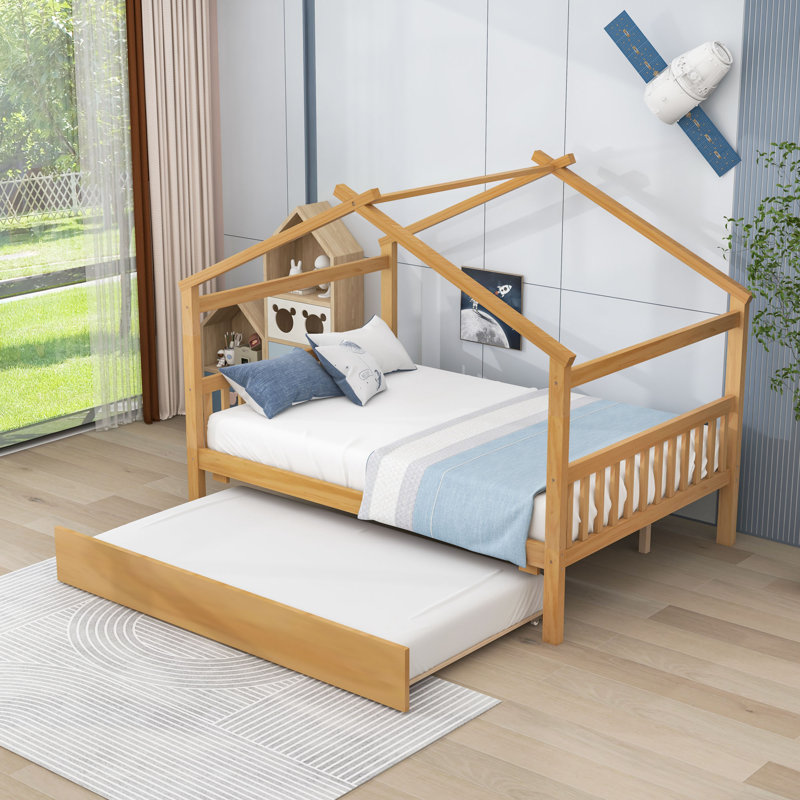 House Bed With Blackboard And Drawers, Classic Style, Creative Storage, Full, Natural
