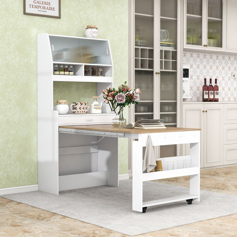Buffet huche avec table de salle à manger pliable, tablettes, crochets et portes coulissantes en verre, Naturel / Blanc