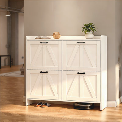 Modern Fence Shoe Cabinet with 4 Flip Drawers, Sleek Entryway Organizer