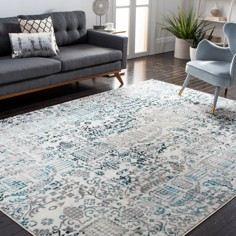 Tapis géométrique gris / bleu, Rectangle 4 pi x 6 pi